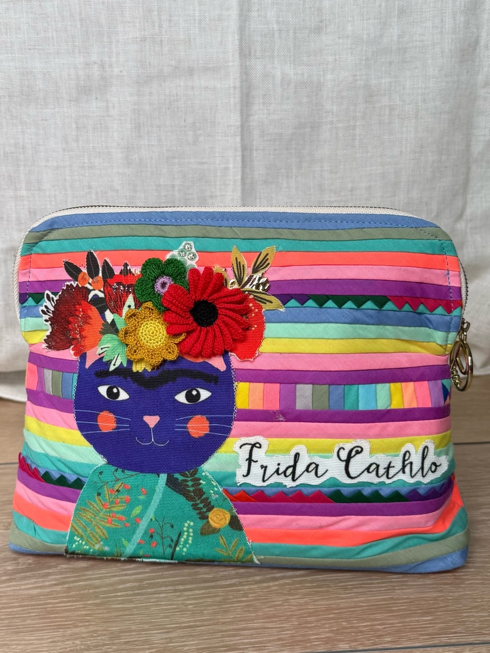 Colorful Frida Cat Embroidered Upcycled Cosmetic Bag